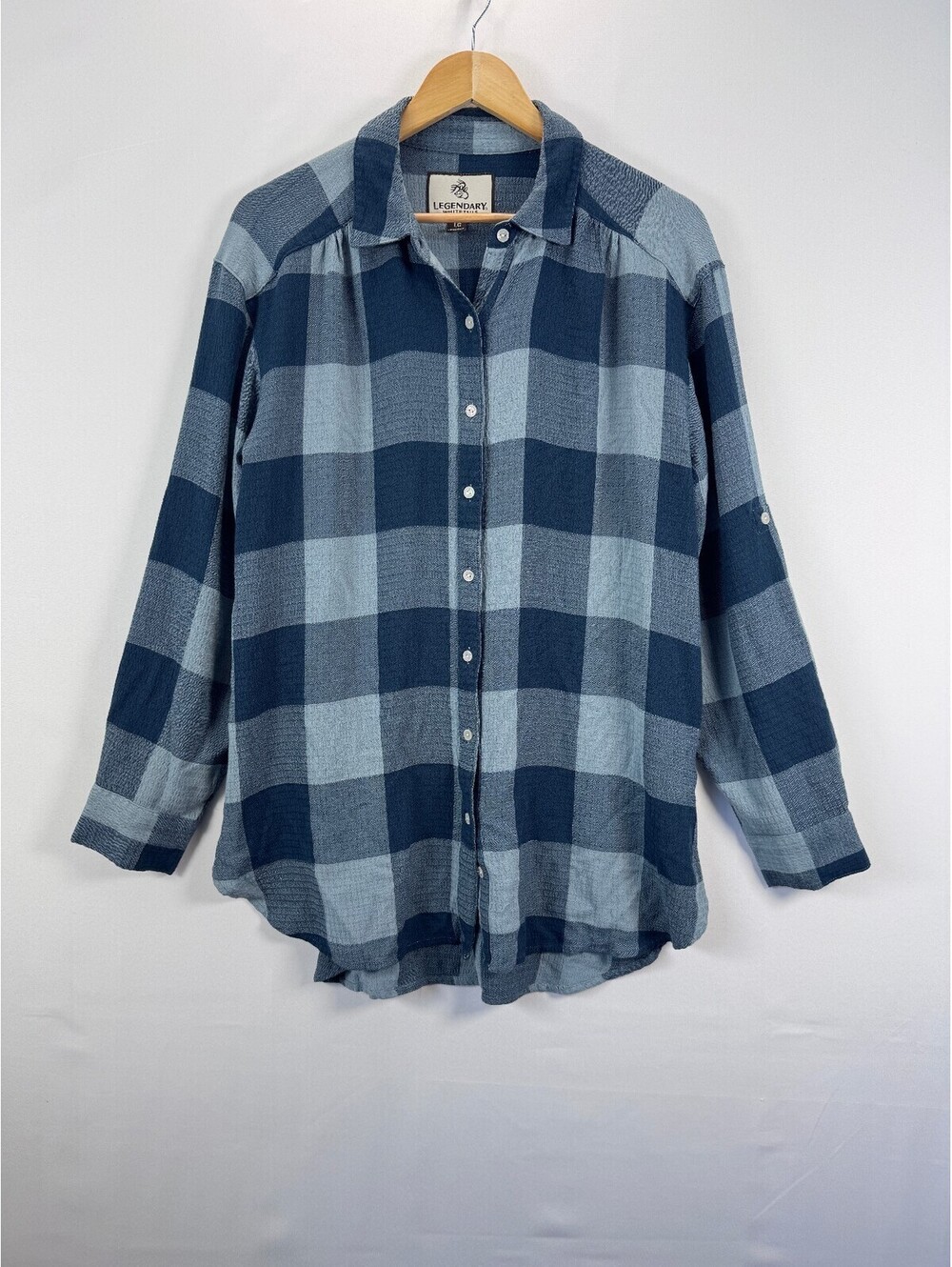 Buffalo Check Blue Plaid Flannel Tunic Shirt Fall Soft Flowy Drape Button Down L